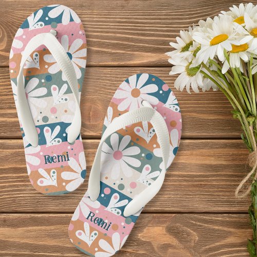 Daisy Floral Striped Pattern Custom Kids Flip Flops