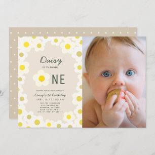 Daisy Floral Taupe Photo 1st Birthday Invitation