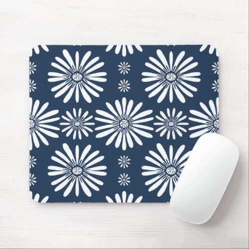 Daisy Floral Tile Pattern Blue White Mouse Pad