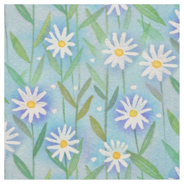 Daisy Floral White Blue Aqua Fabric (Close Up)