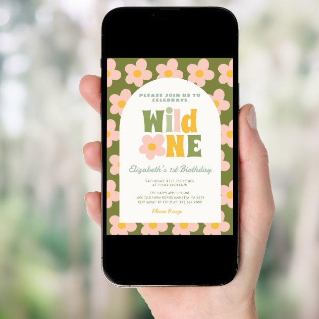 Daisy Floral Wild One boho pink Girl 1st Birthday Invitation (Front Digital)