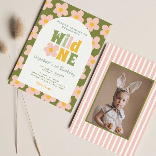 Daisy Floral Wild One Green pink Girl 1st Birthday Invitation