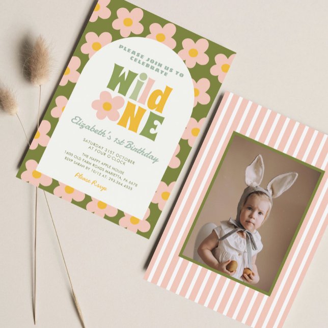 Daisy Floral Wild One Green pink Girl 1st Birthday Invitation (Creator Uploaded)