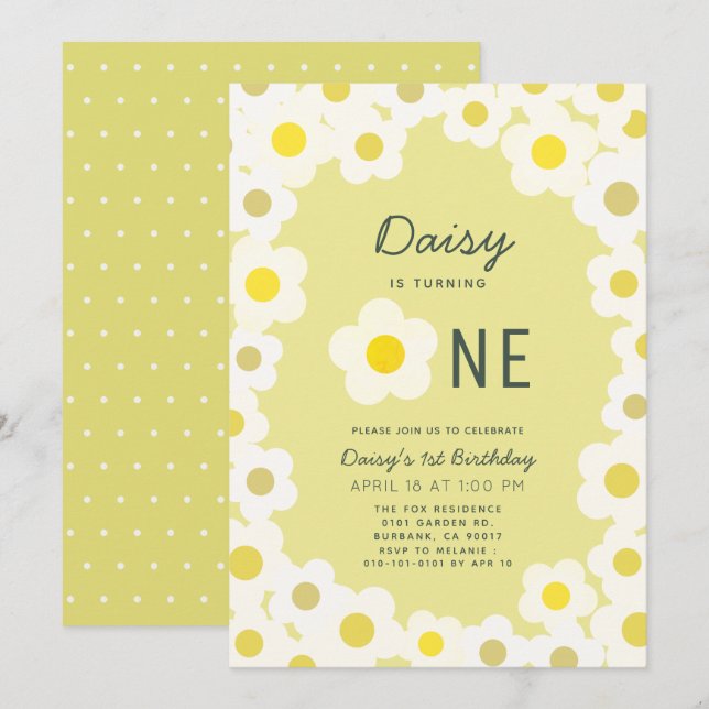 Daisy Floral Yellow 1st Birthday Invitation (Front/Back)