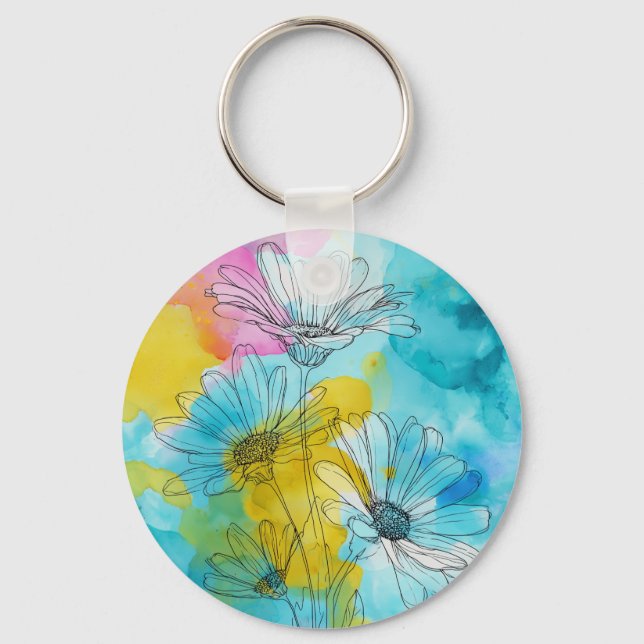 Daisy Flower Aluminum Circle Keychain Gift (Front)