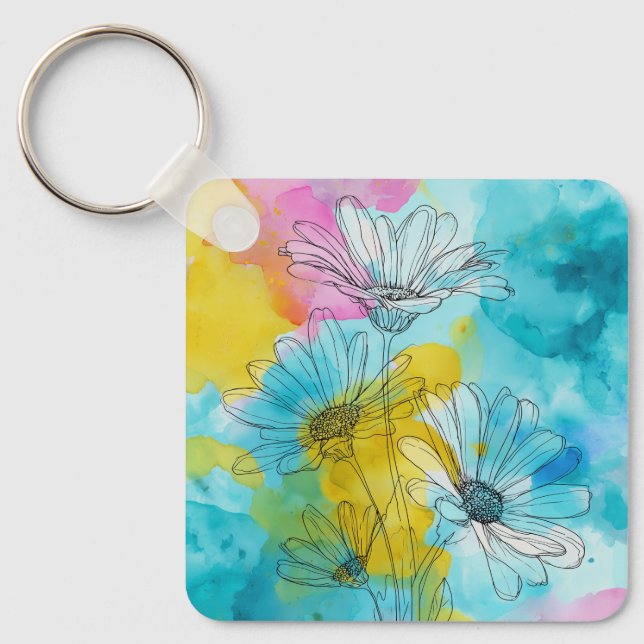 Daisy Flower Aluminum Square Keychain Gift (Front)