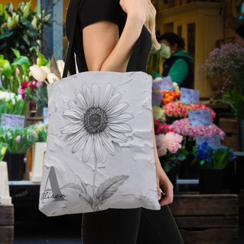 Daisy Flower Black and White Monogram Tote Bag