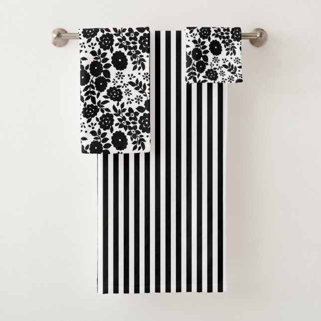 Daisy Flower Black Stripe Bath Towel Set (Insitu)