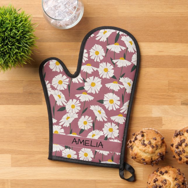 Daisy flower boho floral pattern personalized name oven mitt (Top down)