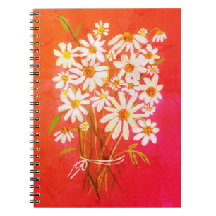 Daisy Flower Bouquet Watercolor Red Notebook