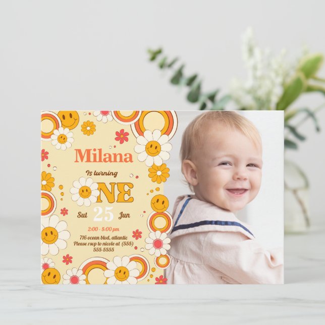 Daisy Flower First Birthday Photo Invitation Card (Standing Front)