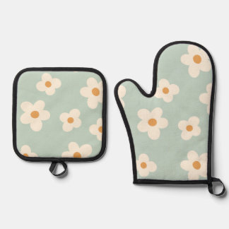 Daisy flower floral green pattern pastel colors oven mitt & pot holder set