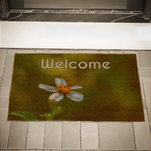 Daisy Flower Floral Green Welcome Natural Coir Fiber Doormat