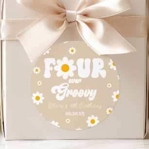 Daisy Flower Four Ever Groovy 4th Birthday Party Classic Round Sticker
