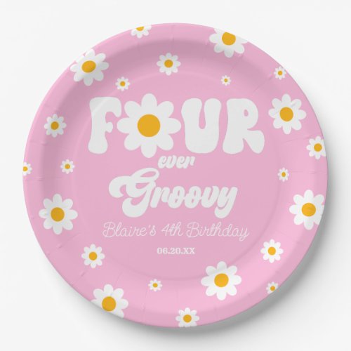 Daisy Flower Four Ever Groovy 4th Birthday Party Paper Plates