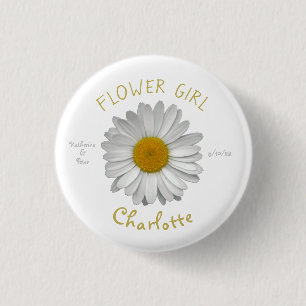 Daisy Flower Gold Name Flower Girl Button