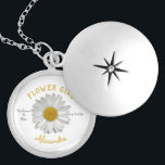 Daisy Flower Gold Name Flower Girl Favor Locket Necklace<br><div class="desc">Simple head flower of a daisy on white background,  symbol of plainness,  innocence,  sincerity,  honesty. Custom names and date in gold and grey colors,  perfect wedding favor gift for a flower girl.</div>