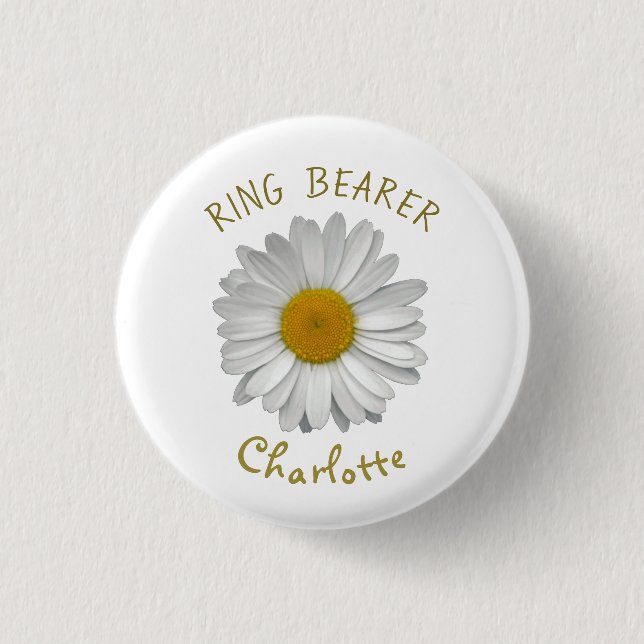 Daisy Flower Gold Name Ring Bearer Button (Front)