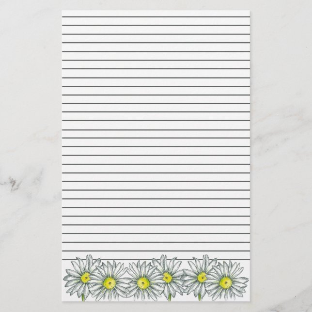 Daisy Flower Gray Stripe Lined Stationery (Front)