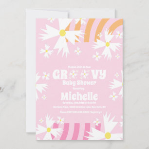 Daisy Flower Groovy Baby Shower  Pink Orange  Invitation