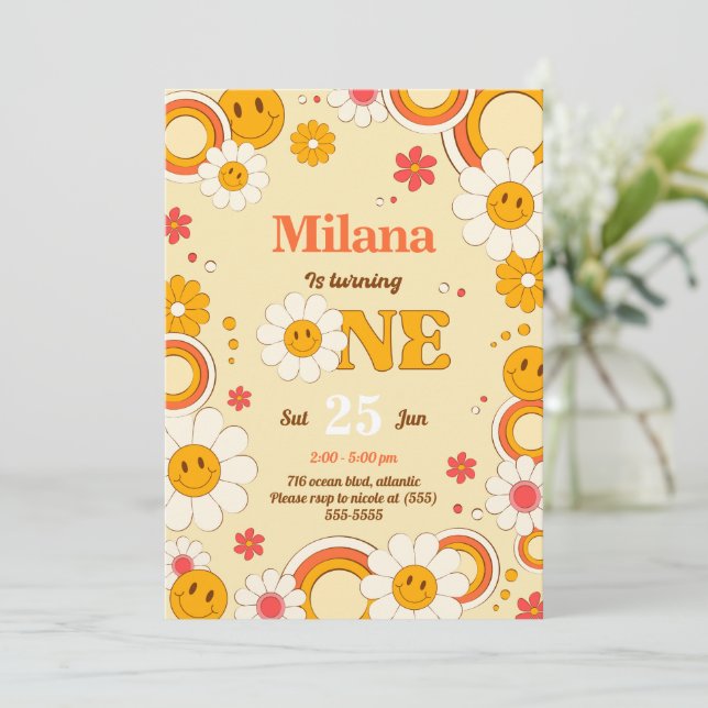 Daisy Flower Groovy First Birthday Invitation Card (Standing Front)