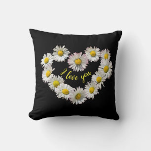 Daisy Flower Heart I Love You Romantic Black Throw Pillow
