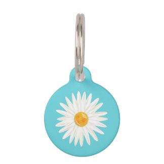 Daisy Flower Illustrated On Blue With Pet's Info Pet Tag