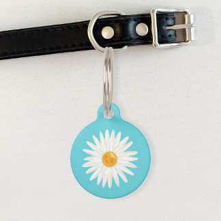 Daisy Flower Illustrated On Blue With Pet's Info Pet Tag