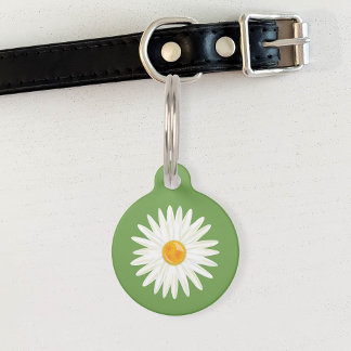 Daisy Flower Illustrated On Green With Dog's Info Pet Tag
