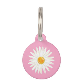 Daisy Flower Illustrated On Pink With Dog's Info Pet Name Tag