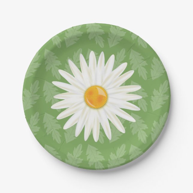 Daisy Flower Illustration On A Green Background Paper Plates (Front)