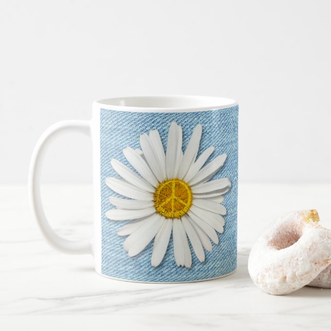 Daisy Flower Inner Peace Symbol Sign - Pale Denim Coffee Mug (With Donut)
