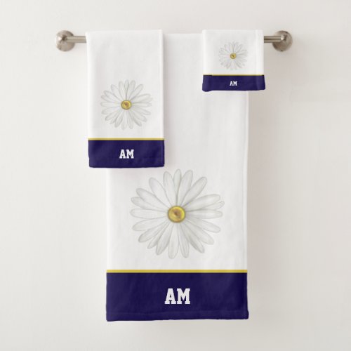 Daisy Flower  monogram on navy blue  white bath Bath Towel Set