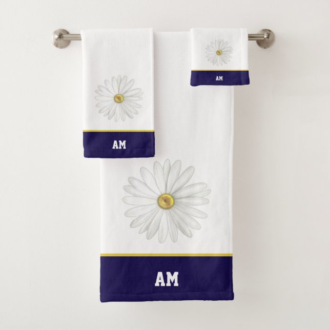 Daisy Flower & monogram on navy blue & white bath Towel Set (Insitu)