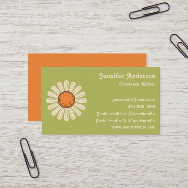 Daisy Flower on Green Retro Business Card (Front/Back In Situ)