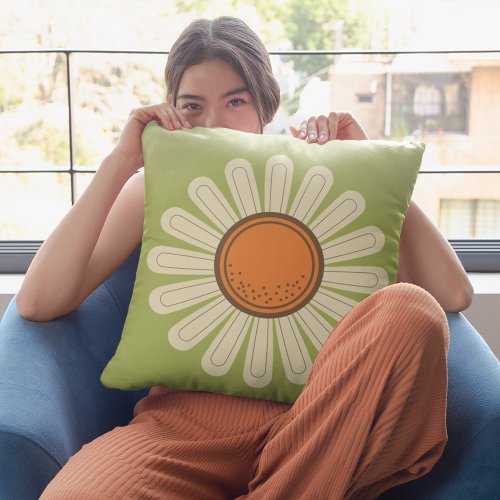 Daisy Flower on Green Retro Throw Pillow