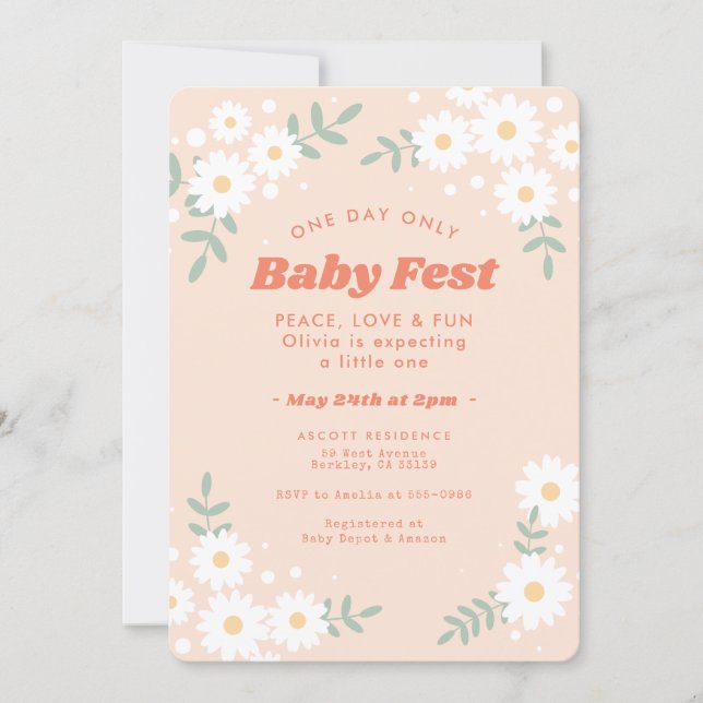 Daisy Flower Peach Music Festival Baby Shower Invitation (Front)