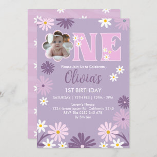 Daisy Flower Photo One Girl 1st Birthday Invitation