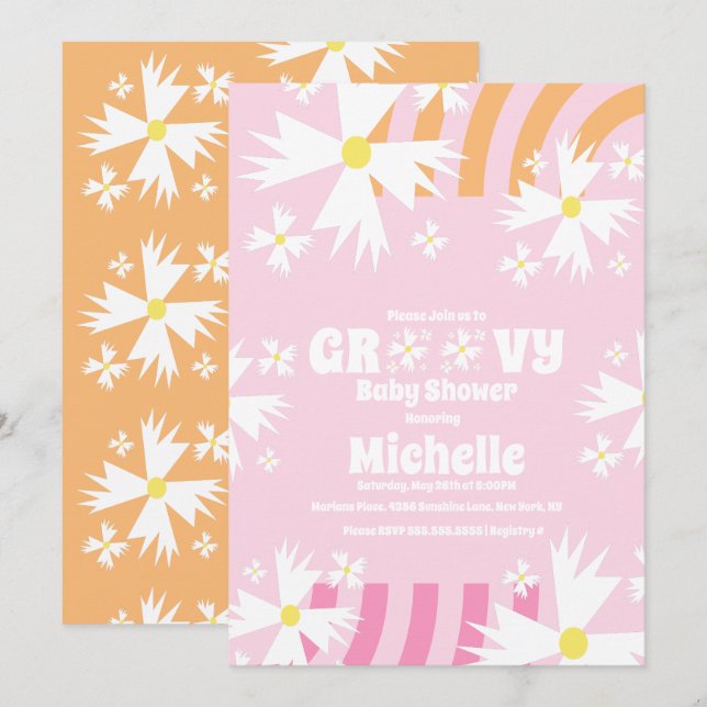 Daisy Flower Retro Way Two Groovy Baby Shower Card (Front/Back)