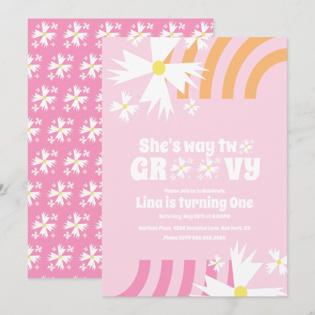 Daisy Flower Retro Way Two Groovy Birthday  Pink (Front/Back)