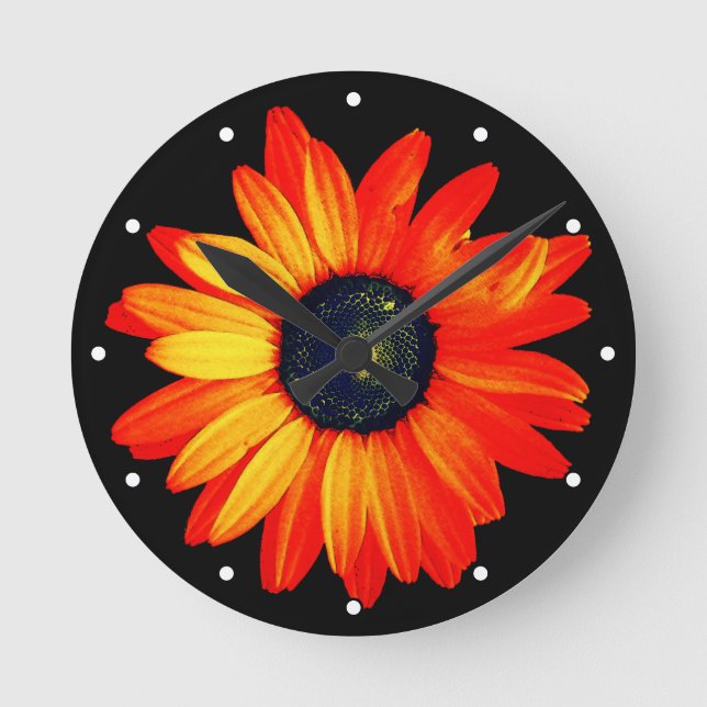 Daisy Flower with Orange Petals with Dots Round Clock (Front)