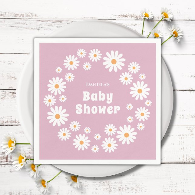 Daisy Flower Wreath Pink Groovy Retro Baby Shower Napkins (daisy baby girl shower napkins pink daisy wreath daisies flower power)
