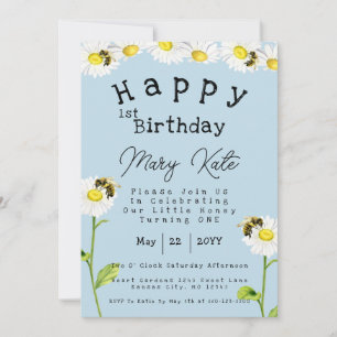 Daisy Flowers 1st Birthday Honey Bee Invitation