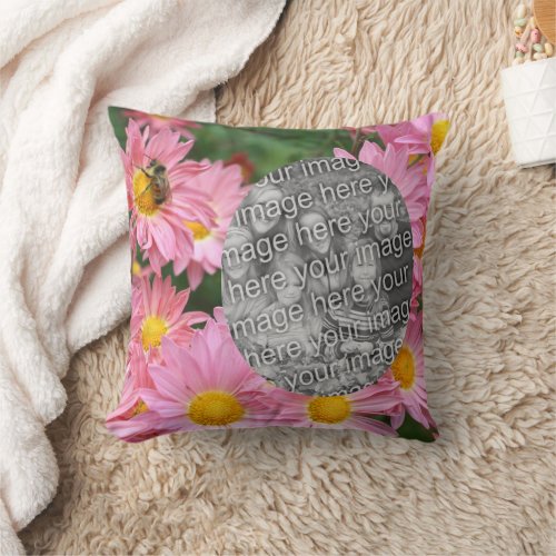 Daisy Flowers And Bumble Bee Frame Add Your Photo Throw Pillow