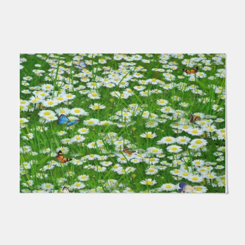 Daisy Flowers And Butterfly In Green Grass Doormat