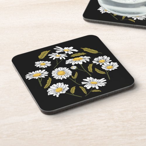 Daisy flowers and leaves design beverage coaster