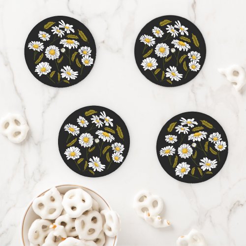 Daisy flowers and leaves design coaster set