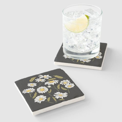 Daisy flowers and leaves design stone coaster