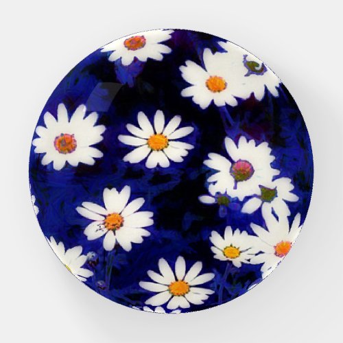 Daisy Flowers Art in Blue Glass Paperweight