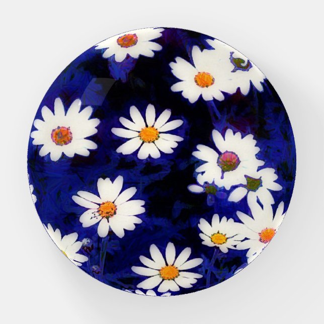 Daisy Flowers Art in Blue Glass Paperweight (Front)